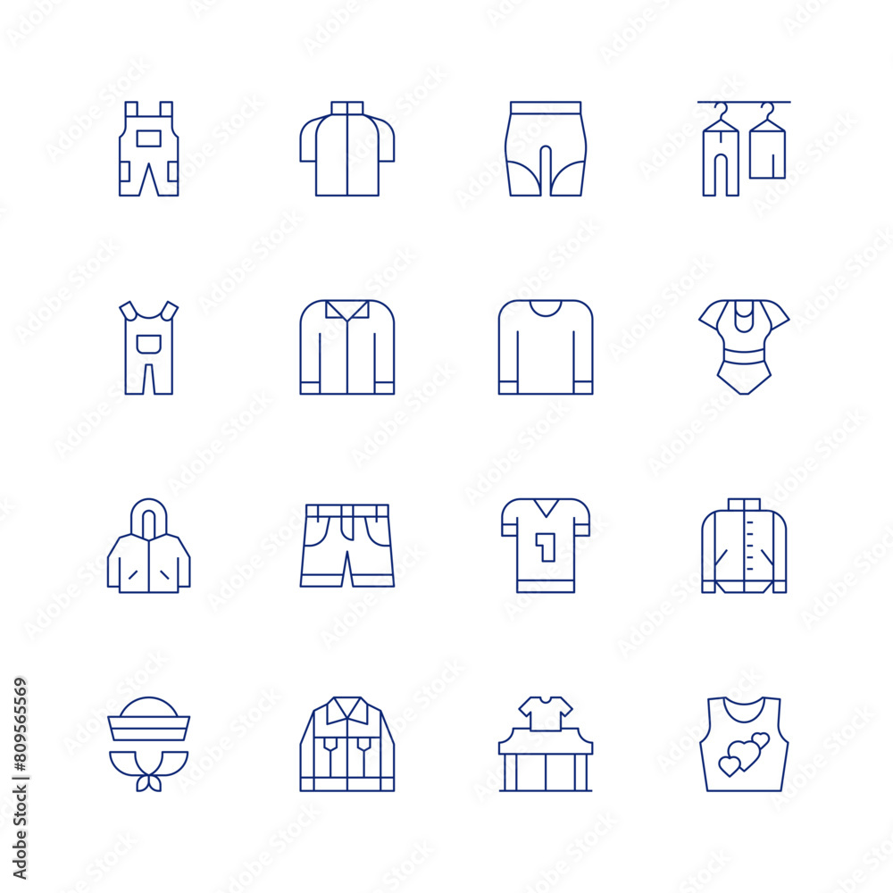 Clothing line icon set on transparent background with editable stroke. Containing raincoat, overall, uniform, pyjamas, shorts, sportclothes, clothes, concept, jacket.