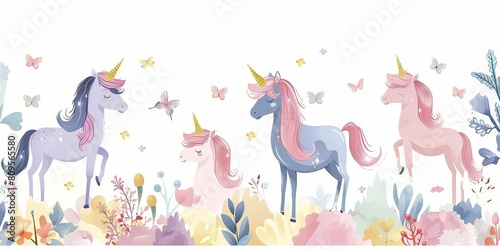 A line of four unicorns with butterflies in the background. The unicorns are in a field of flowers and the butterflies are flying around them