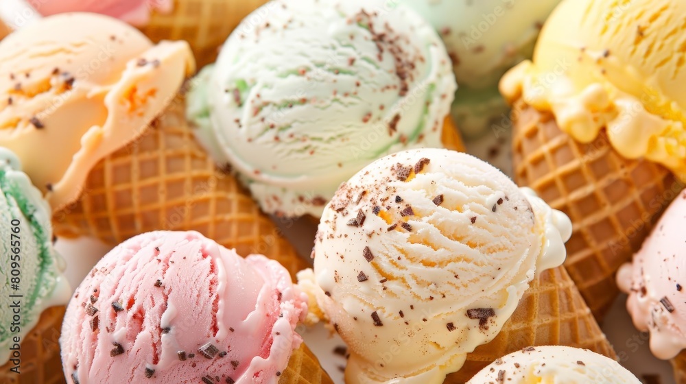 close - up of melting ice cream cones in various flavors, including white, pink, and yellow, with a scoop of white ice cream in the foreground close - up of melting ice cream cones in various flavors, including white, pink, and yellow, with a scoop of white ice cream in the foreground