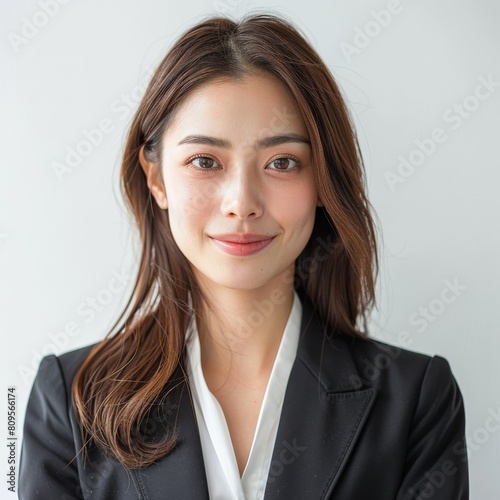 日本人の女性会社員のポートレート（白背景・サラリーマン・スーツ・仕事）