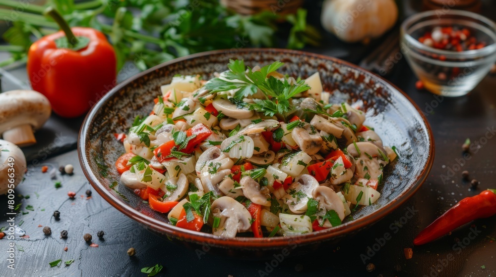 Traditional dishes of Armenian cuisine. Armenian celery and pepper salad with mushrooms. 