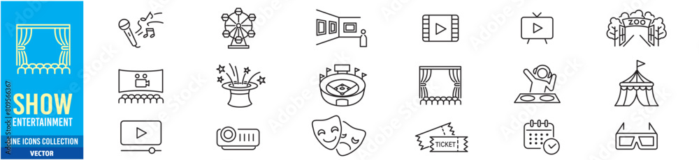 Entertainment Show icon set. live media movie event stage video theater concert cinema ticket magician circus. Linear icon collection. Editable stroke. Vector illustration Entertainment Show icon set. live media movie event stage video theater concert cinema ticket magician circus. Linear icon collection. Editable stroke. Vector illustration