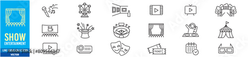Entertainment Show icon set. live media movie event stage video theater concert cinema ticket magician circus. Linear icon collection. Editable stroke. Vector illustration