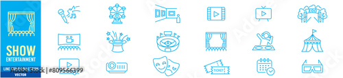 Entertainment Show icon set. live media movie event stage video theater concert cinema ticket magician circus. Linear icon collection. Editable stroke. Vector illustration