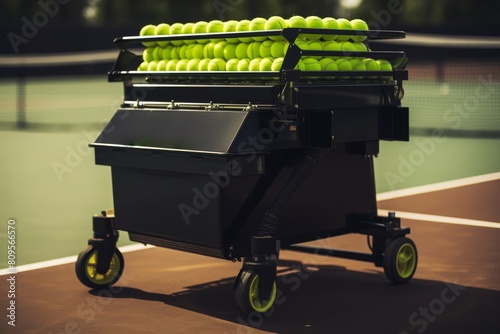  A photo of a tennis ball machine in action, providing players with consistent practice and enhancing their skills in Tenniscore