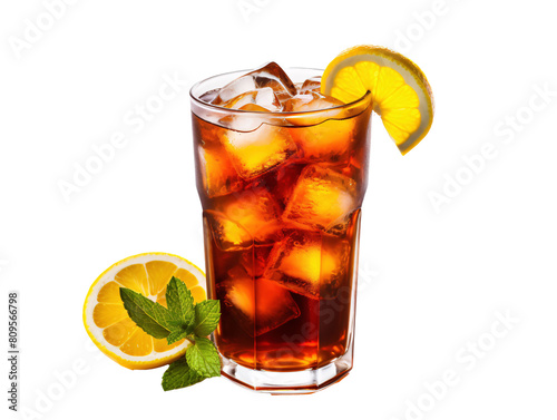 a glass of ice tea with lemon slices and mint