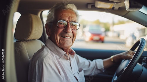 active smiling Caucasian pensioner in glasses 70 years old smiling looking at the camera while driving his car © Photolife  