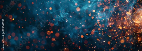 Closeup of sparks from welding against a dark blue background, with copy space for text, in the hyper realistic, cinematic style effect, with high resolution photography. photo