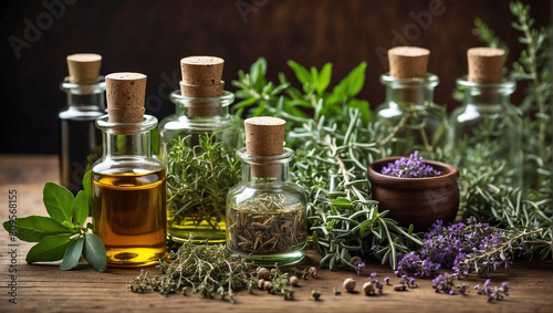 There are several small glass bottles and jars on a wooden table. Some of the bottles contain liquids  and others are filled with dried herbs and spices. There is also a wooden bowl filled with lavend