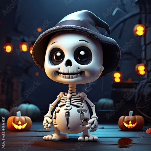 Cute skeleton 3D illustration Halloween ghost themed illustration