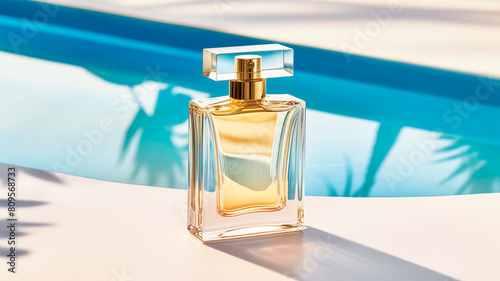 Luxury womens fragrance, bottle of perfume scent by the swimming pool in summer, bespoke perfumery and beauty product sale commercial, post-processed, generative ai