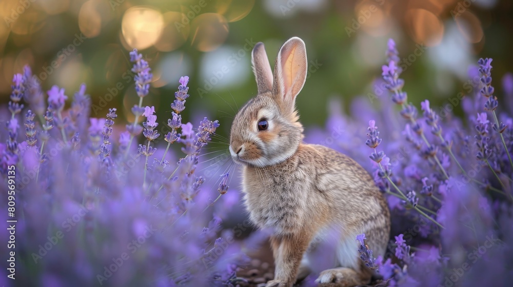 Fototapeta premium Cute bunny in a lavender field.