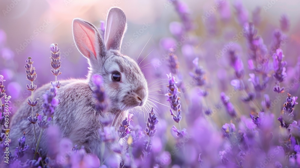 Cute bunny in a lavender field.