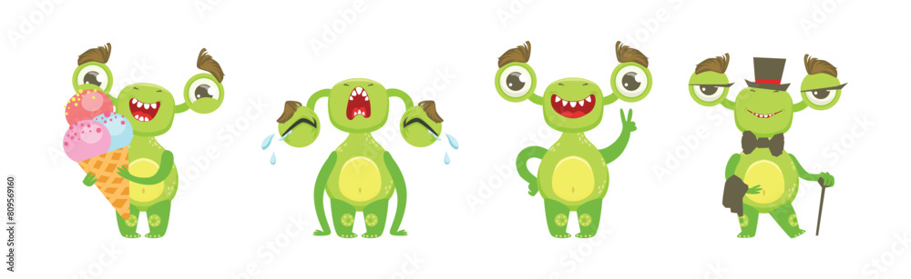 Obraz premium Green Monster Creature Engaged in Different Activity Vector Set