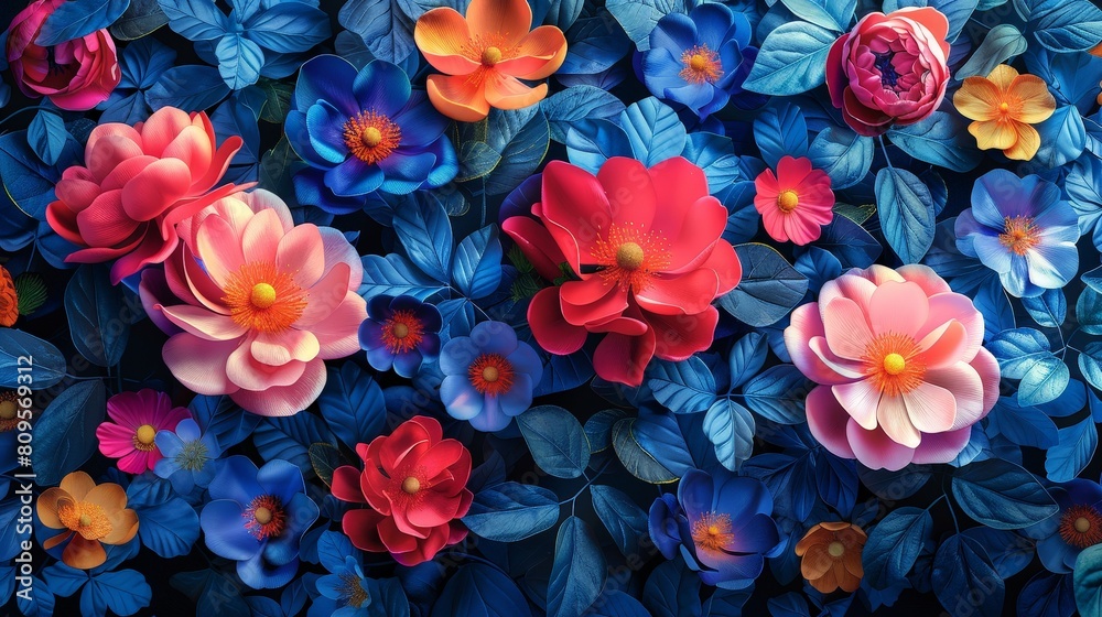 The image is a field of blue, red, and pink flowers The image is a field of blue, red, and pink flowers