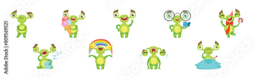 Green Monster Creature Engaged in Different Activity Vector Set