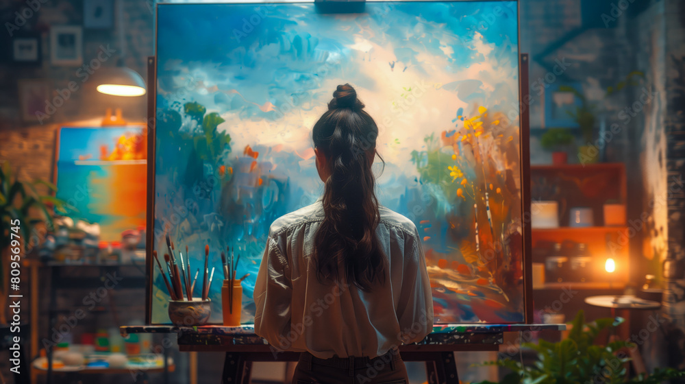Beautiful sexy Hobbyist woman painter drawing on a canvas, wide Beautiful sexy Hobbyist woman painter drawing on a canvas, wide