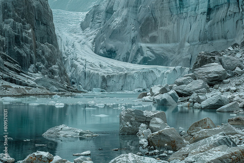 wallpaper of a shrinking glaciers, with rocky moraines as the background, during accelerated glacial melt photo