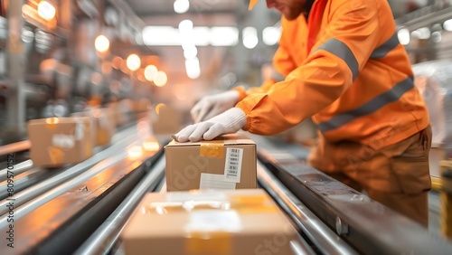 Worker in paper plant labeling boxes on conveyor belt in closeup shot. Concept Manufacturing Process, Worker Closeup, Paper Plant Operations, Conveyor Belt Labeling