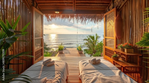 oceanfront luxury spa with lush greenery, tranquil waters, and a cozy bed adorned with a white towel