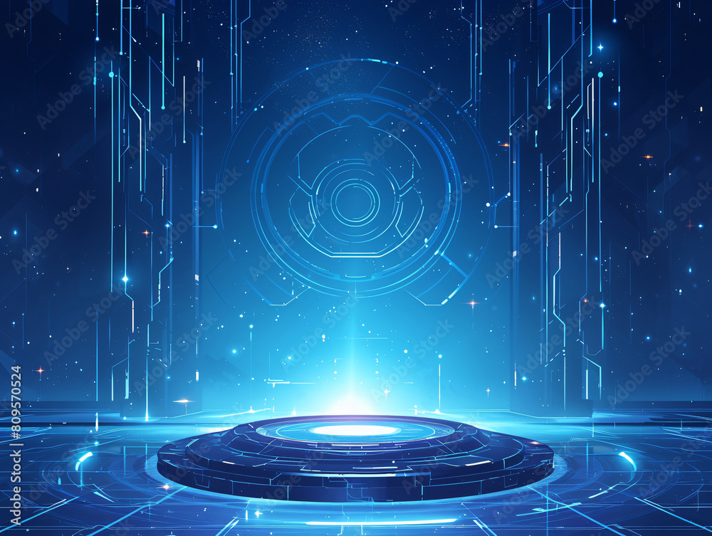 Fototapeta premium an intensely futuristic, technological virtual world. At the center is a massive, luminous ring-like device, surrounded by intricate, precise digital light lines and electronic components