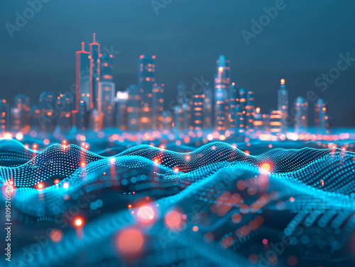 a futuristic urban night scene. Against the dark, deep blue sky, the city skyline emerges dimly, adorned with countless colorful, glittering points of light photo