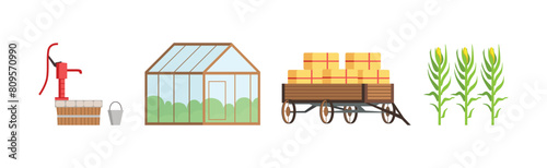Farm and Ranch Rural Object with Well, Greenhouse, Hay and Corn Cob Vector Set
