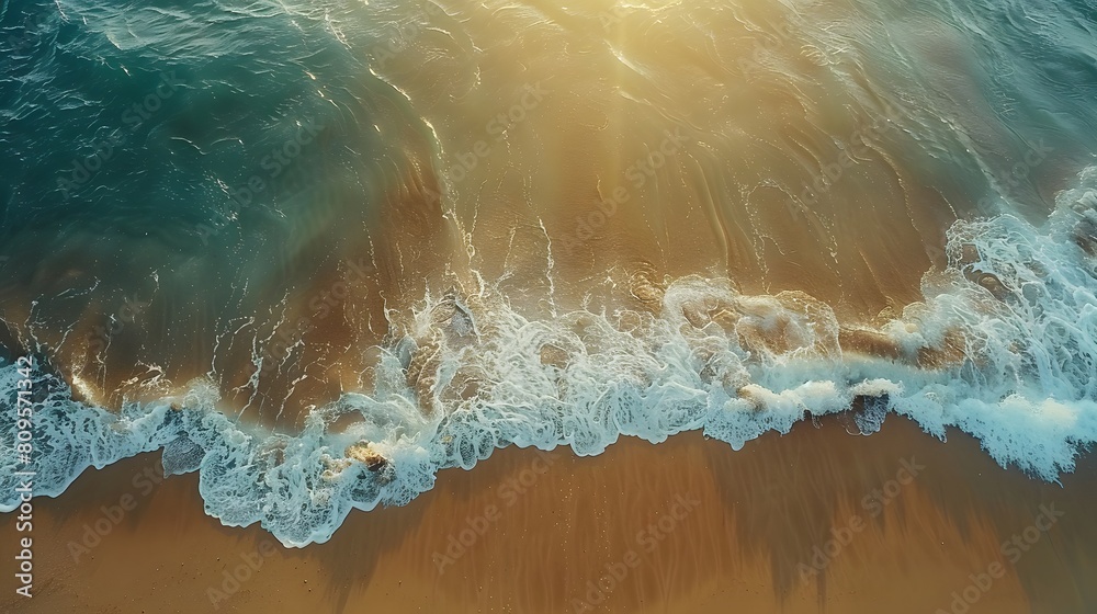 aerial photo of beautiful summer sandy beach and blue Ocean with copy space, top view from drone. Summer seascape beautiful waves. blue sea water in sunny day. Sea aerial view.