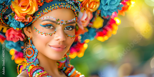 Young Woman in Traditional Floral Headdress.