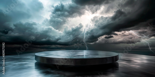 Futuristic empty metal podium against a stormy sky with lightning, with a complementary background. photo
