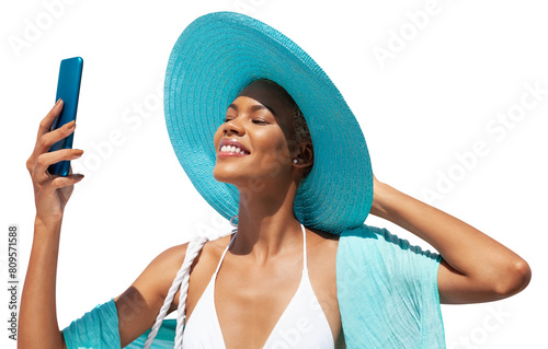Happy girl in summer beach holiday wearing bikini, blue sun hat and pareo, using mobile phone, caribbean girl isolated in white background, for online shopping or booking sea vacation travels