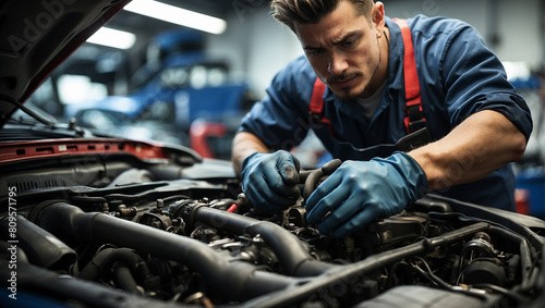 A mechanic in a blue uniform is repairing the engine of a car.

 photo
