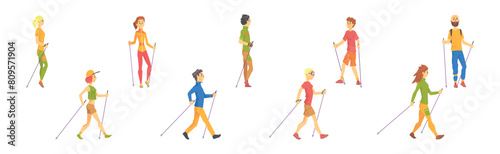 Man and Woman Character Practicing Nordic Walking Vector Set