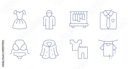 Clothing icons. Editable stroke. Containing dress, bikini, furcoat, raincoat, clothesrack, ppe, tshirt, shirt. photo