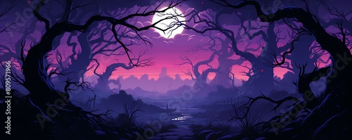 Haunted forest flat design side view woodland theme cartoon drawing Complementary Color Scheme