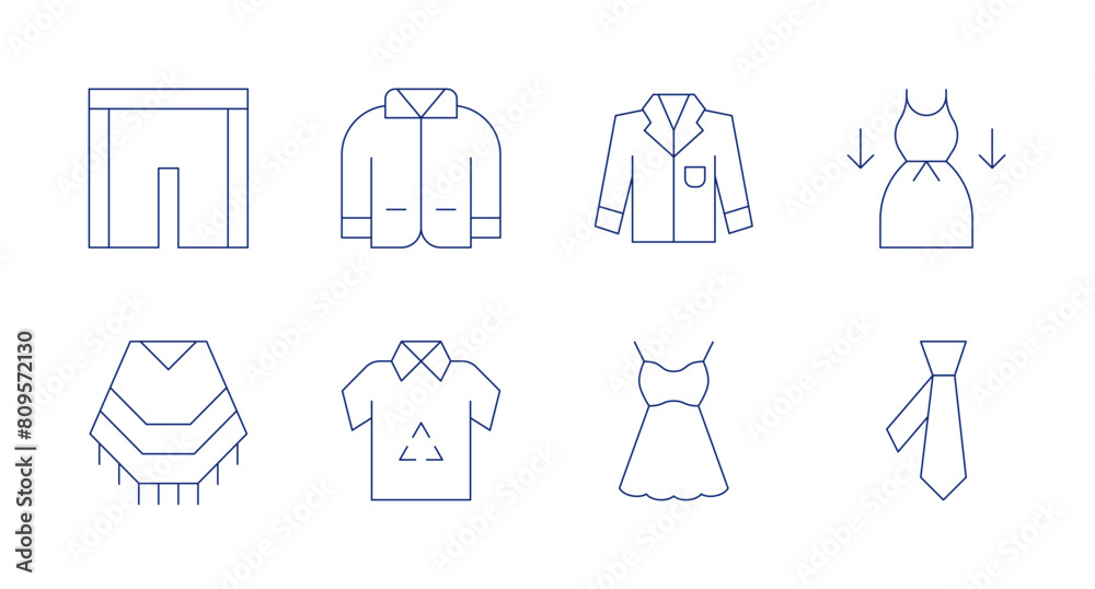 Clothing icons. Editable stroke. Containing poncho, short, pijama, recycling, pijamas, pajamas, clothes, tie.