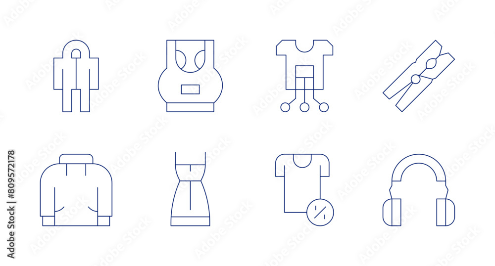 Clothing icons. Editable stroke. Containing suit, hoodie, dress, sportbra, clothes, smartclothing, clothespin, earprotection.