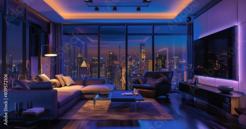  High-tech living room with smart home features  floor-to-ceiling windows overlooking the city at night  comfortable sofa and armchairs around an oversized TV  modern decor  ambien