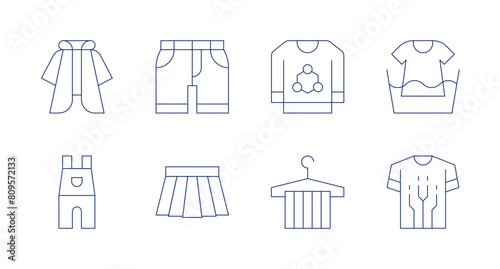 Clothing icons. Editable stroke. Containing raincoat  overalls  miniskirt  bermuda  clothes  clotheshanger  handwashing.