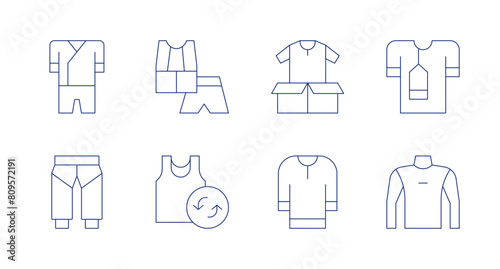 Clothing icons. Editable stroke. Containing trousers, pajamas, recycle, sportswear, clothes, shirt, tshirt.