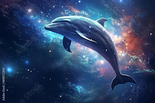 Fantastical image of a dolphin gracefully leaping through the starstudded cosmos
