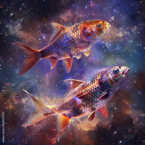 Pisces Zodiac Sign, Fish Horoscope Symbol, Two Magic Astrology Fishes, Pisces in Fantastic Night Sky