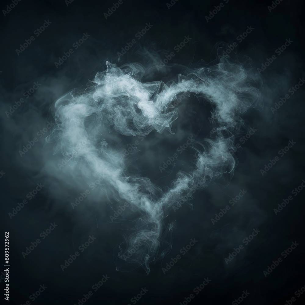 Fototapeta premium Realistic Smoke Heart on Dark Background, Steam Love Symbol, Cloud Transparent Valentine Silhouette