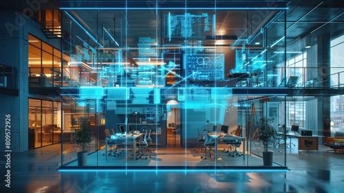 An office environment modern neon cyberpunk open plan corporate office. With CGI overlay which shows that AI Improve communication and efficiency in the workplace photo