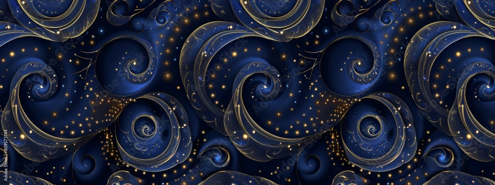 abstract background with gold and black swirls, dark blue background, dark blue and yellow color theme, symmetrical pattern.