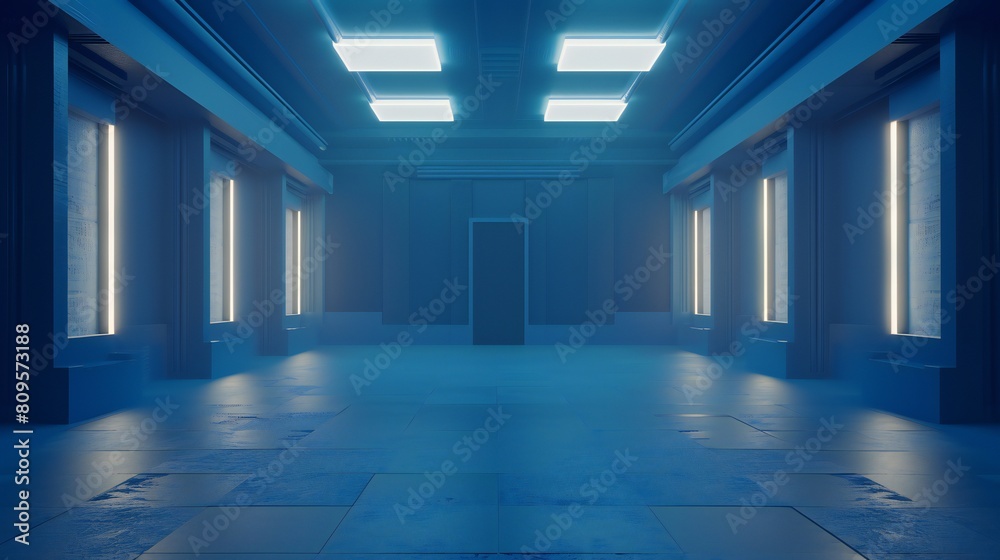 Minimalist photo studio design featuring blue walls and high-quality lighting fixtures.