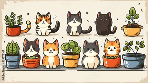 Stickers featuring kittens and their litter boxes in doodle style. Perfect for projects, digital assets, and prints.