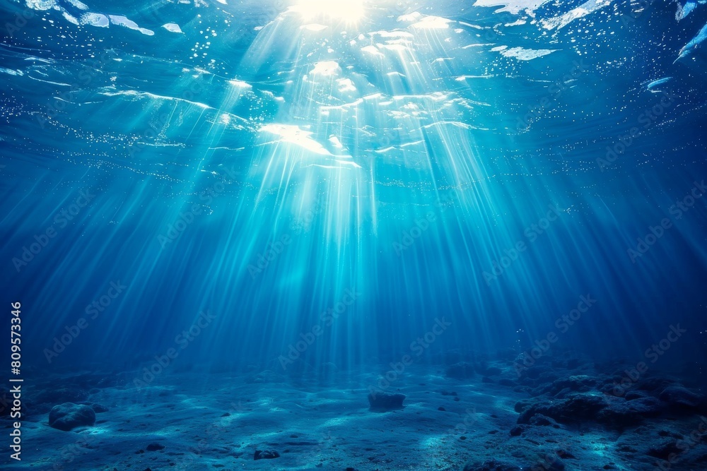 Fototapeta premium Underwater Sun Rays, Deep Water Sunlight, Under Sea Sunbeams Background, Blue Ocean Bottom