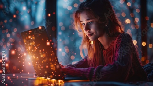 Young woman uses laptop computer for work or study in the city at night. Various holographic displays and competitive abilities technological progress photo