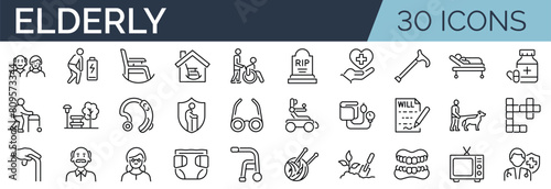 Set of 30 outline icons related to elderly. Linear icon collection. Editable stroke. Vector illustration
